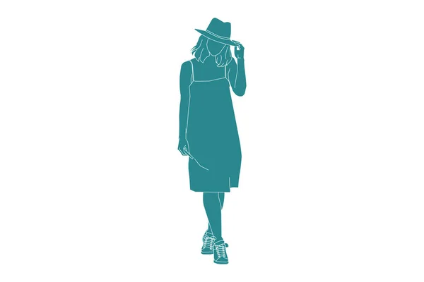 Vector Illustration Fashionable Woman Dress Sneaker Flat Style Outline — ストックベクタ