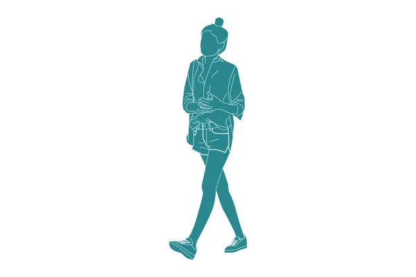 Ilustración Vectorial Una Mujer Elegante Caminando Con Botella Agua Estilo — Vector de stock