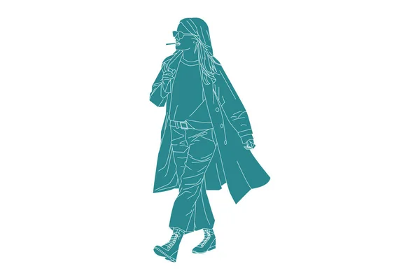 Векторная Иллюстрация Модная Женщина Идущая Сидеру Плоский Стиль Контуром — стоковый вектор