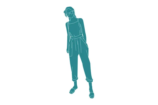 Vector Illustration Fashiveness Woman Posing Flat Style Outline — 스톡 벡터