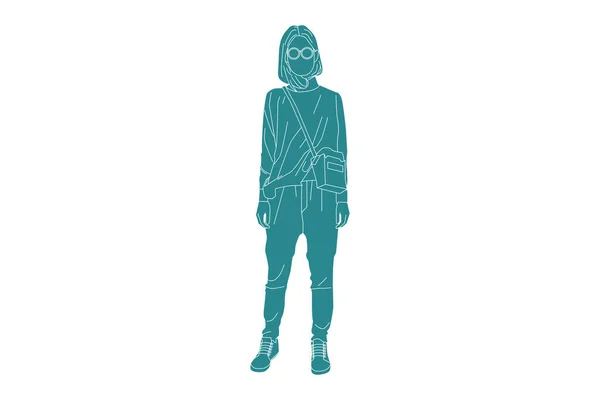 Vektorová Ilustrace Módní Ženy Pózující Sideroadu Plochý Styl Obrysem — Stockový vektor