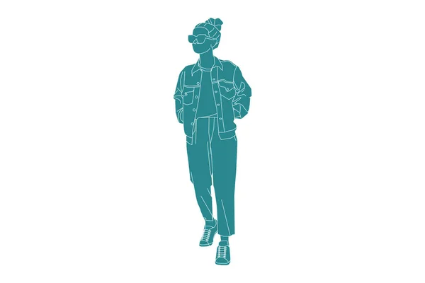 Ilustración Vectorial Mujer Casual Caminando Sobre Sideroad Estilo Plano Con — Vector de stock