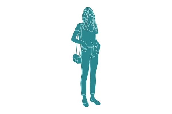 Vector Illustration Casual Woman Sideroad Her Mini Bag Flat Style — ストックベクタ