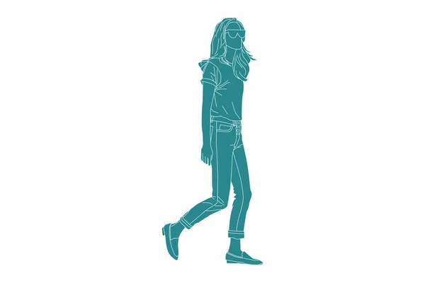 Vector Illustration Casual Woman Walking Sideroad Flat Style Outline — ストックベクタ