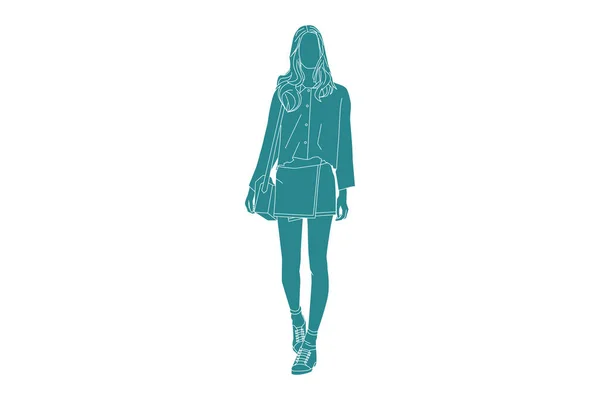 Vector Illustration Casual Woman Sideroad Her Bag Flat Style Outline — ストックベクタ