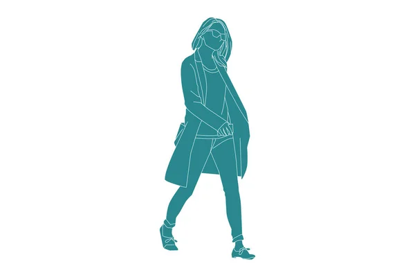 Vektorová Ilustrace Ležérní Ženy Kráčející Ulici Plochý Styl Obrysem — Stockový vektor