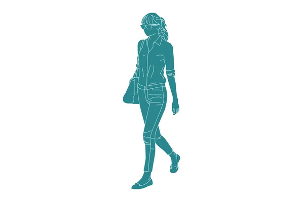 Vector Illustration Casual Woman Walking Sideroad Her Bag Flat Style — стоковый вектор