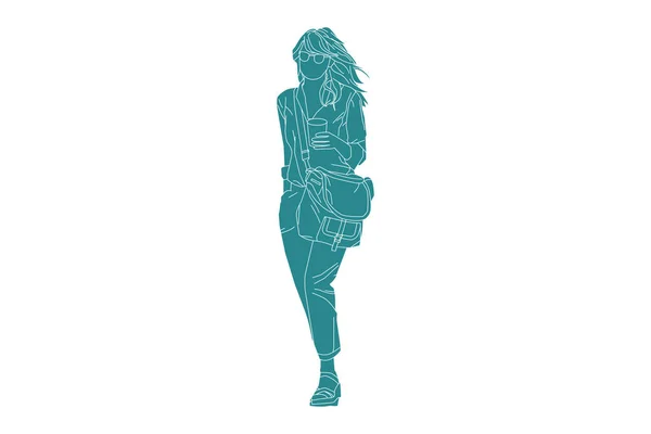Ilustración Vectorial Mujer Casual Caminando Por Sideroad Traer Café Estilo — Archivo Imágenes Vectoriales