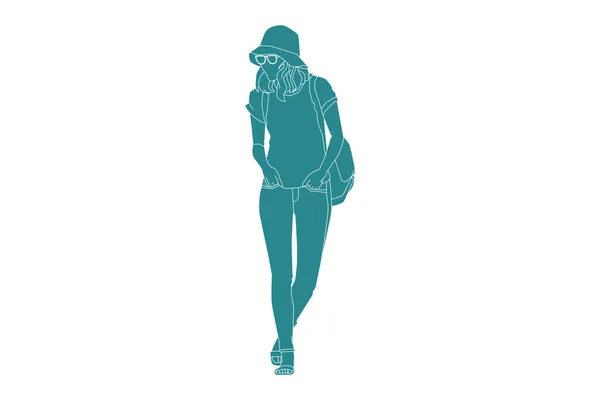 Vector Illustration Casual Woman Walking Sideroad Bucket Hat Flat Style — ストックベクタ
