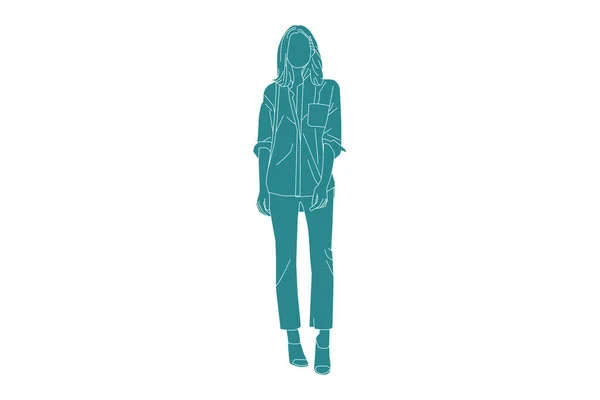 Illustrazione Vettoriale Donna Casual Posa Sul Sideroad Stile Piatto Con — Vettoriale Stock