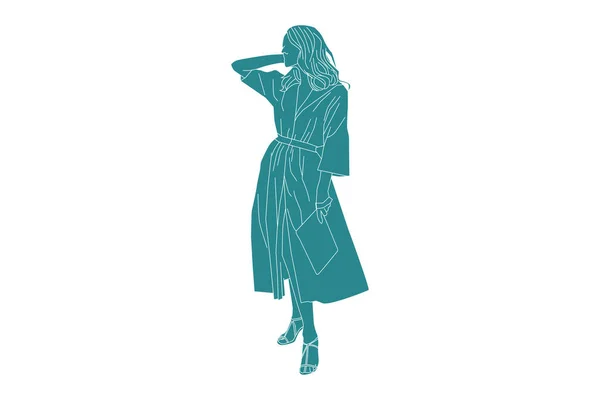 Vector Illustration Elegant Woman Posing Sideroad Flat Style Outline — Image vectorielle