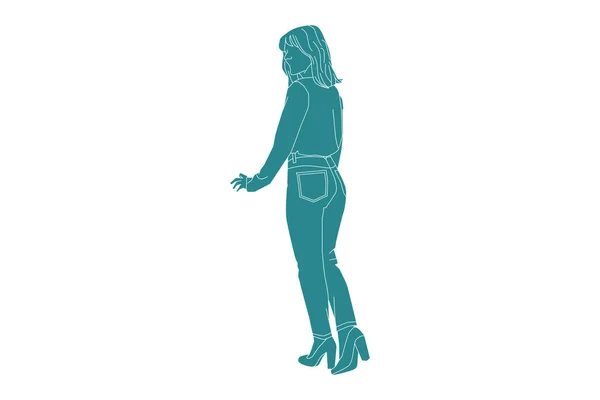 サイドロードを歩くカジュアルな女性のベクトルイラスト アウトライン付きフラットスタイル — ストックベクタ