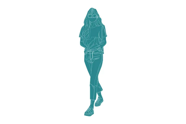 Illustrazione Vettoriale Donna Casual Che Cammina Sul Sideroad Stile Piatto — Vettoriale Stock