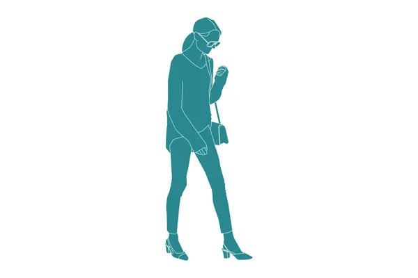 Vector Illustration Casual Woman Walking Sideroad Flat Style Outline — ストックベクタ