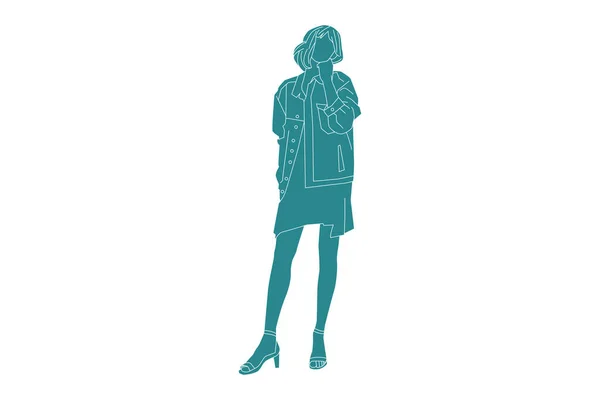 Illustration Vectorielle Femme Élégante Posant Style Plat Avec Contour — Image vectorielle