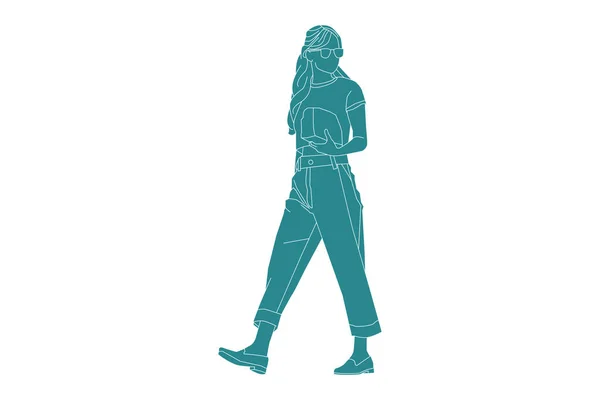 Vector Illustration Casual Woman Walking Sideroad Flat Style Outline — Stock Vector