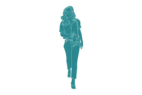 Ilustración Vectorial Mujer Casual Caminando Con Traer Café Helado Sideroad — Vector de stock