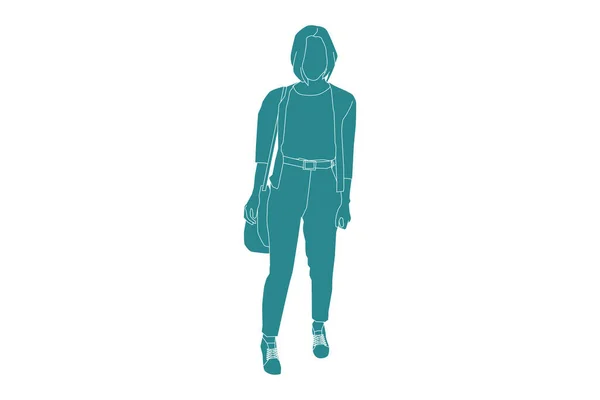 Ilustración Vectorial Posar Mujer Casual Estilo Plano Con Contorno — Vector de stock