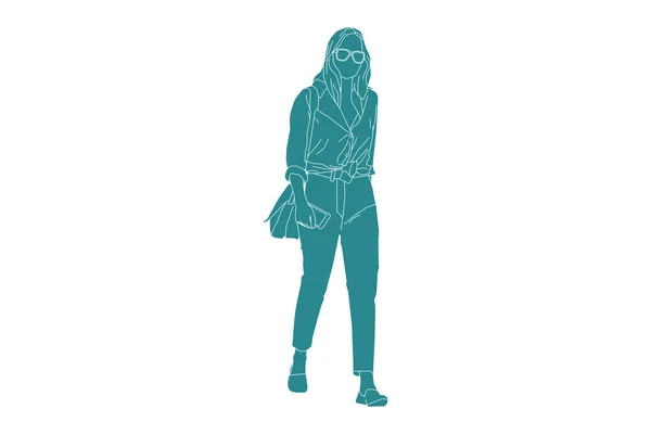 Vektor Illustration Vacker Kvinna Promenader Sideroad Platt Stil Med Kontur — Stock vektor