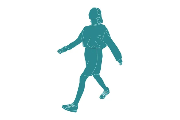 Ilustrație Vectorială Femeii Casual Mergând Sideroad Stil Plat Contur — Vector de stoc