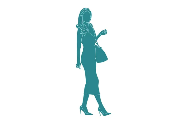 Vector Illustration Beautiful Elegant Woman Posing Flat Style Outline — ストックベクタ