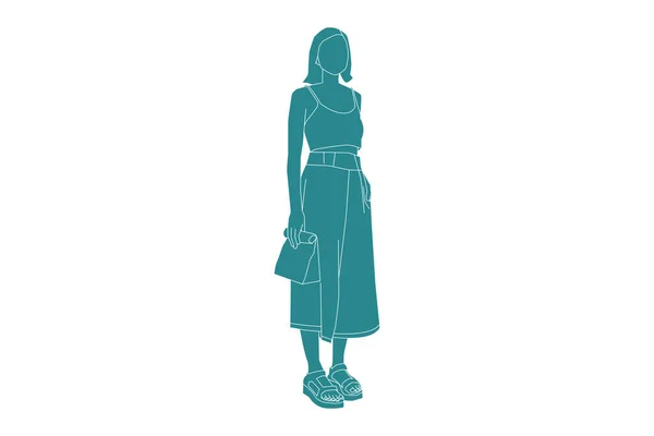 Illustration Vectorielle Femme Décontractée Posant Avec Épicerie Style Plat Avec — Image vectorielle