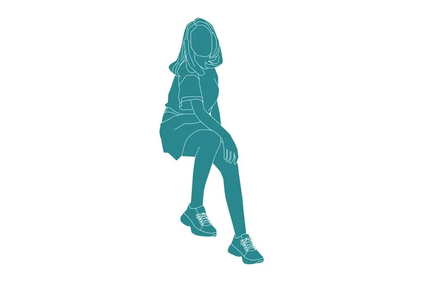 休闲女性的矢量图解是坐姿 轮廓分明 — 图库矢量图片
