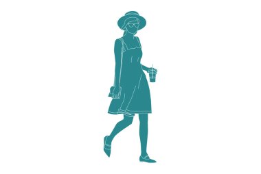 Kenar çizgisinde yürüyen güzel bir kadının vektör illüstrasyonu.