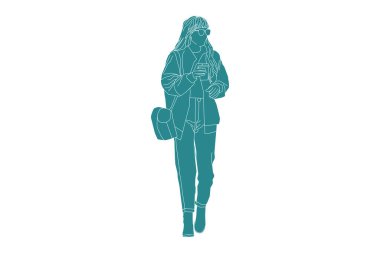 Yanında kahvesiyle kenarda oturan modaya uygun bir kadının tasviri.