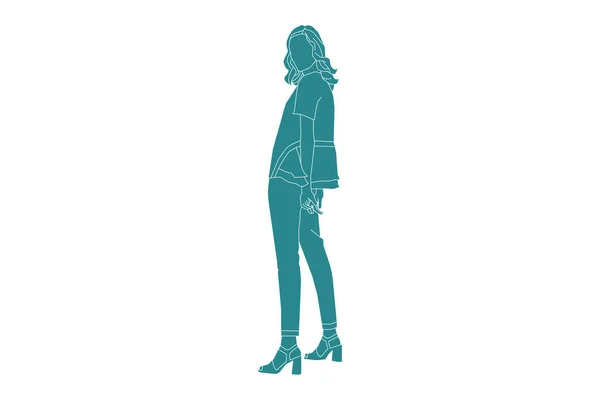 Vector Illustration Casual Woman Posing Flat Style Outline — Stock Vector