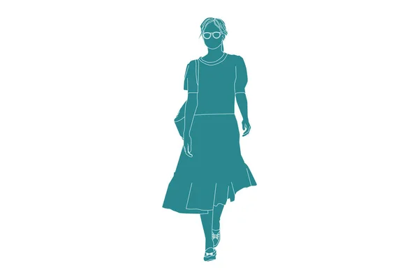 Ilustración Vectorial Mujer Elegante Caminando Sobre Sideroad Estilo Plano Con — Vector de stock