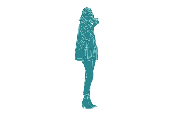 Vector Illustration Casual Woman Sideroad Her Coffee Flat Style Outline — Image vectorielle