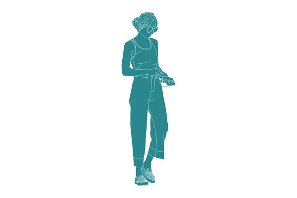 Illustration Vectorielle Une Femme Décontractée Sur Trottoir Style Plat Avec — Image vectorielle