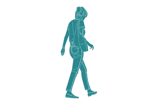 Vector Illustration Casual Woman Walking Sideroad Flat Style Outline — ストックベクタ