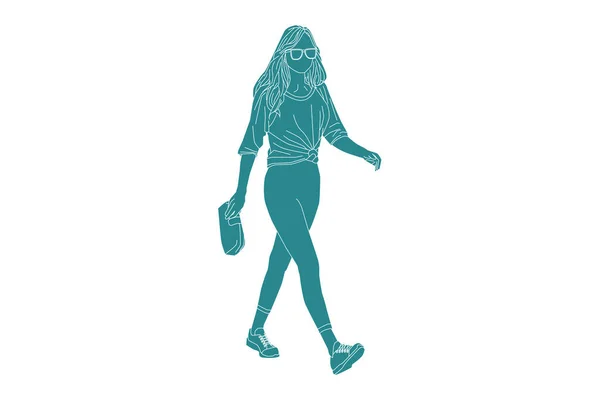 Vektorová Ilustrace Ležérní Ženy Kráčející Vedlejší Koleji Plochý Styl Obrysem — Stockový vektor