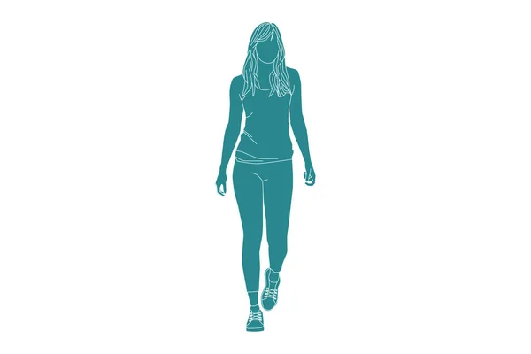 随和妇女在侧边行走的矢量图解 带有轮廓的平面风格 — 图库矢量图片