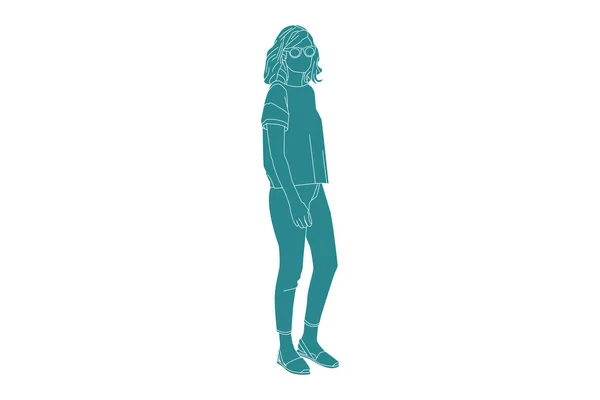 Ilustración Vectorial Mujer Casual Sideroad Estilo Plano Con Contorno — Vector de stock