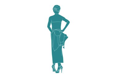 Kebaya giyen, düz çizgili, modaya uygun bir kadının vektör çizimi.