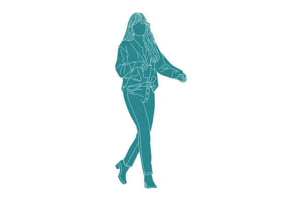 Illustration Vectorielle Une Femme Décontractée Marchant Sur Trottoir Style Plat — Image vectorielle