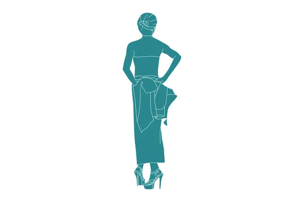 Vector Illustration Fashionable Woman Wearing Kebaya Flat Style Outline — ストックベクタ