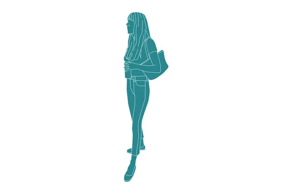 Ilustração Vetorial Mulher Trazer Uma Garrafa Estilo Plano Com Contorno — Vetor de Stock