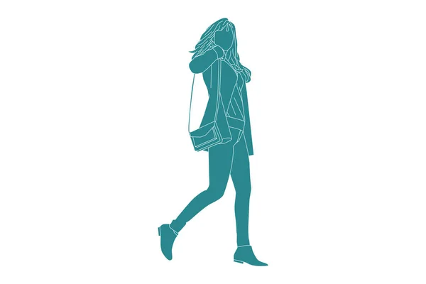 Vector Illustration Woman Bring Mini Bag Flat Style Outline — Vector de stock