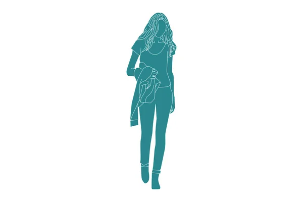 Ilustración Vectorial Mujer Caminando Sobre Sideroad Estilo Plano Con Contorno — Vector de stock