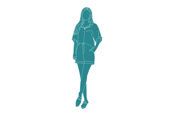 Vektorová Ilustrace Ležérní Ženy Pózovat Ležérně Horkými Kalhotami Plochý Styl — Stockový vektor