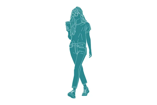 Vector Illustration Casual Woman Walking Sideroad Her Coffee Flat Style — ストックベクタ