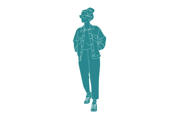 Vector Illustration Casual Woman Sideroad Wearing Denim Jacket Flat Style — стоковый вектор