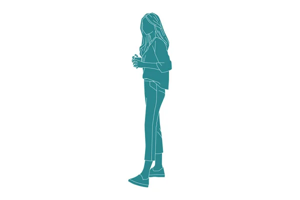时尚女人拿着咖啡摆姿势的矢量图解 有轮廓的平面样式 — 图库矢量图片