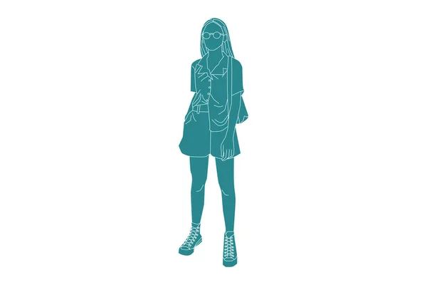 Ilustración Vectorial Mujer Moda Sideroad Estilo Plano Con Contorno — Vector de stock