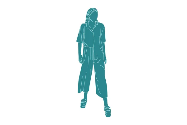 Vector Illustration Fashionable Woman Style Flat Style Outline — Stock Vector