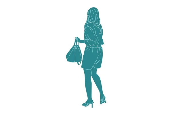 Vector Illustration Fashionable Woman Walking Sideroad Her Bag Flat Style — Vector de stock